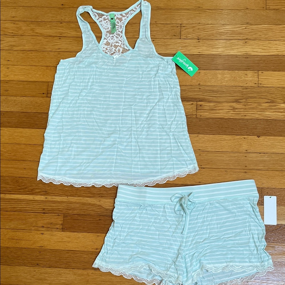 Honeydew Intimates Striped Lace Pajama Set - seafoam green